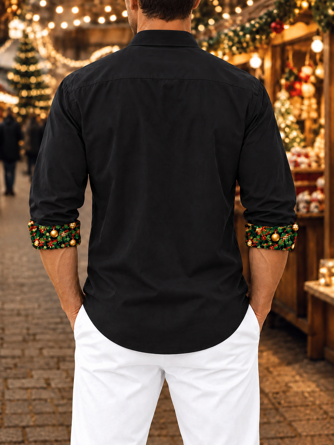 Moisture-Wicking Solid-Color Patchwork Christmas-Themed Chest Pocket Long-Sleeve Casual Shirt