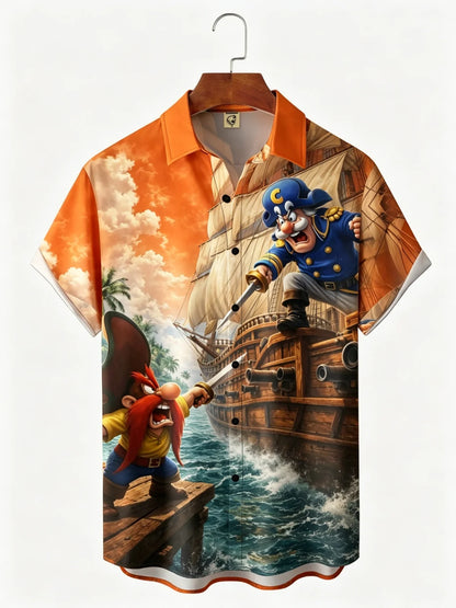 Moisture-Wicking Gradient-Color Dueling Pirates & Sailboats Design  Chest Pocket Hawaiian Shirt