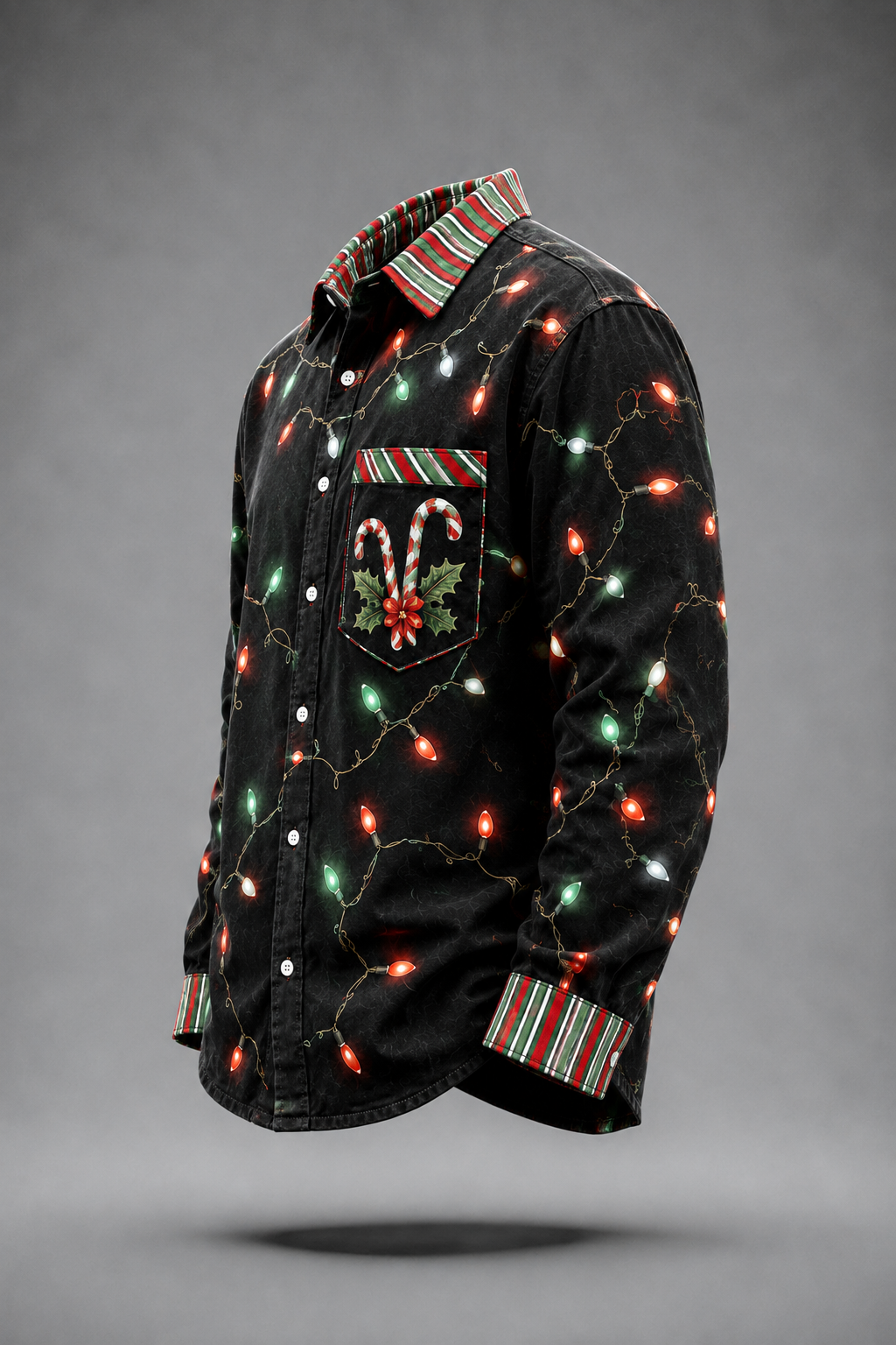 Moisture-Wicking Christmas Lights & Candy Cane Chest Pocket  Long-Sleeve Casual Shirt