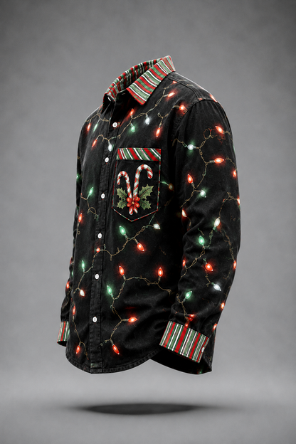 Moisture-Wicking Christmas Lights & Candy Cane Chest Pocket  Long-Sleeve Casual Shirt