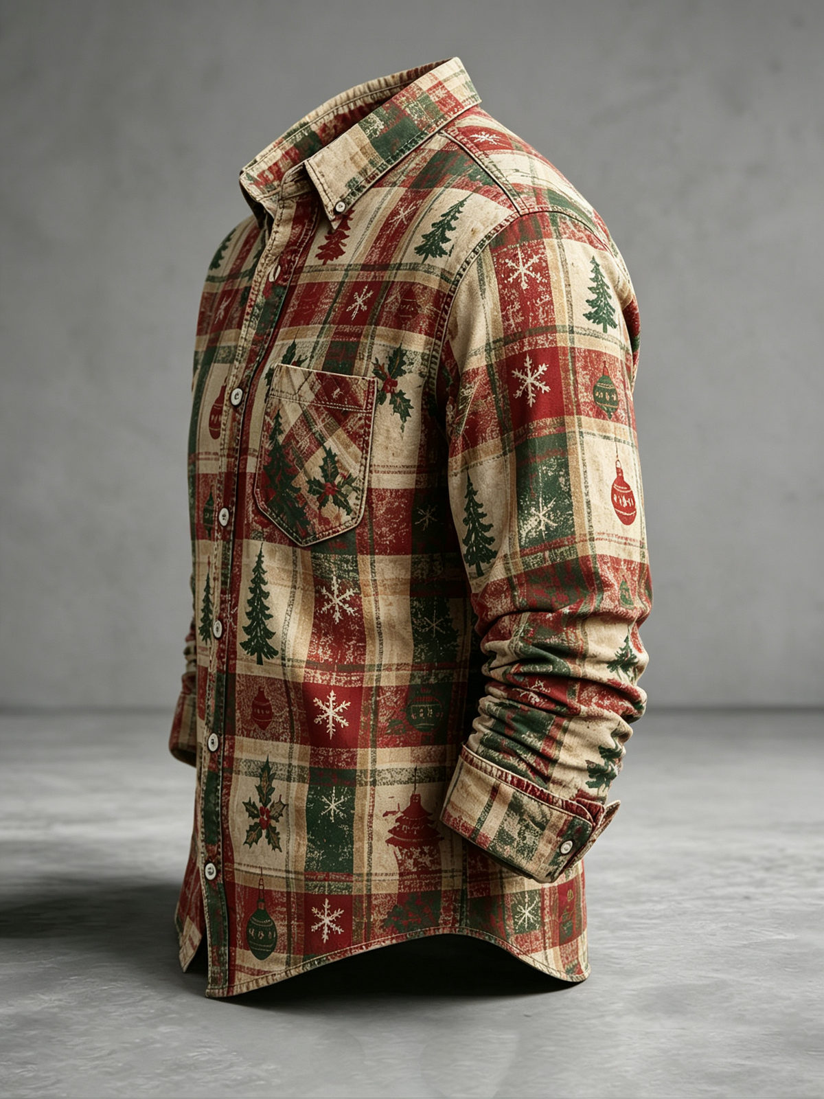 Moisture-Wicking  Christmas Tree Plaid Chest Pocket Long-Sleeve Casual Shirt