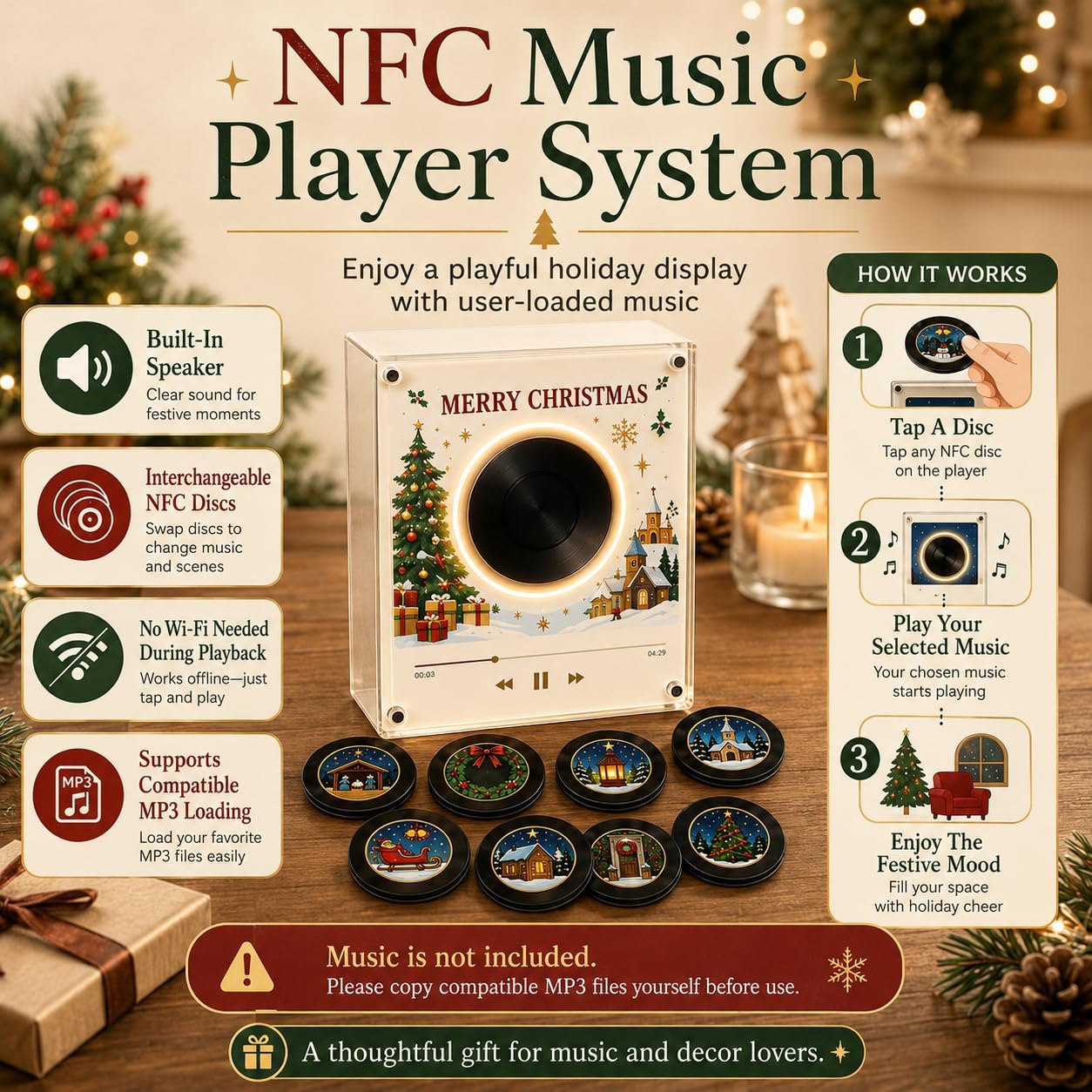 Christmas Magnetic Vinyl Music Player - 9 Mini Records Holiday Fridge Decor