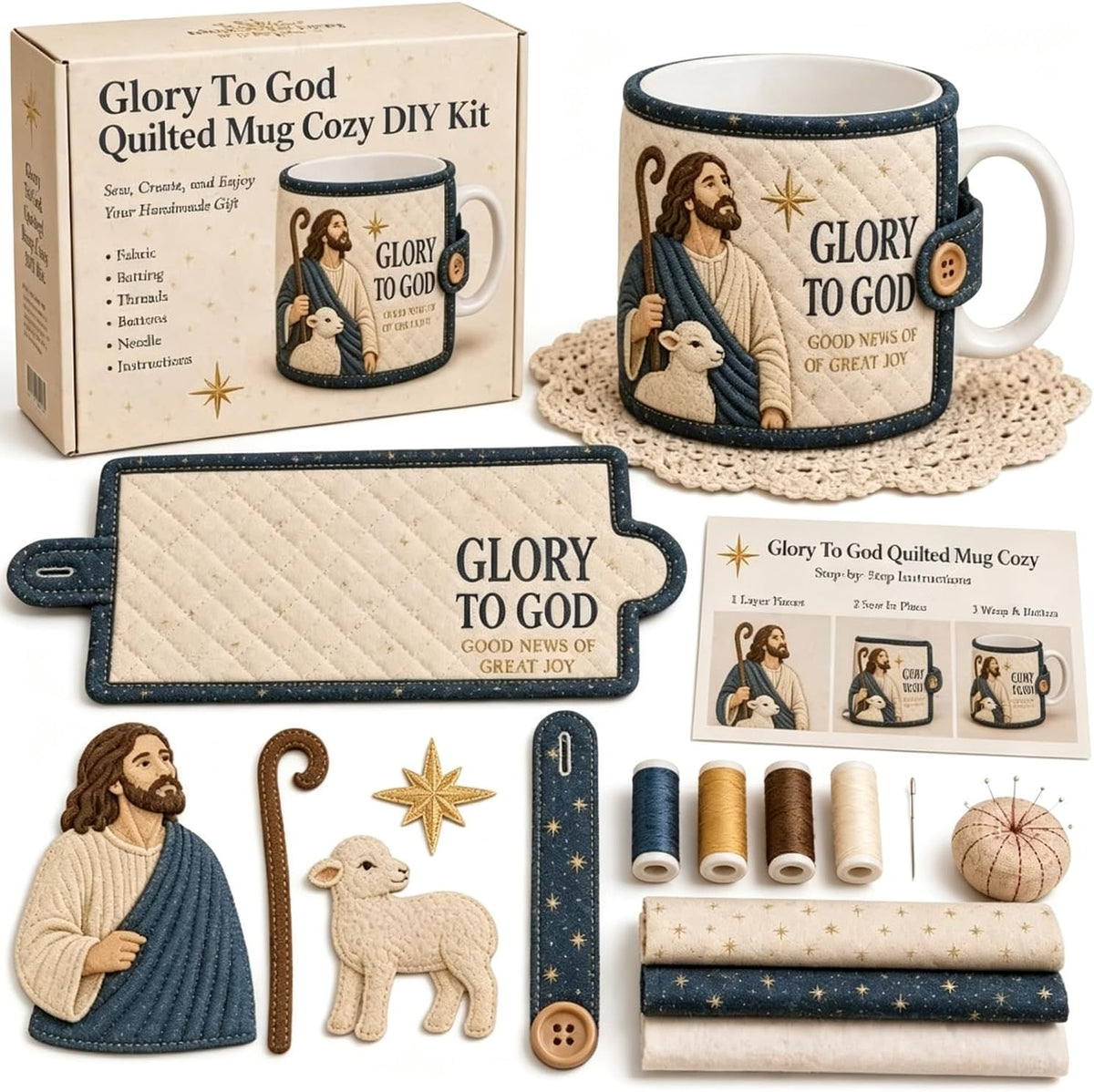 Christian Quilted Mug Cozy DIY Kit – Faith-Inspired Christmas Sewing Gift