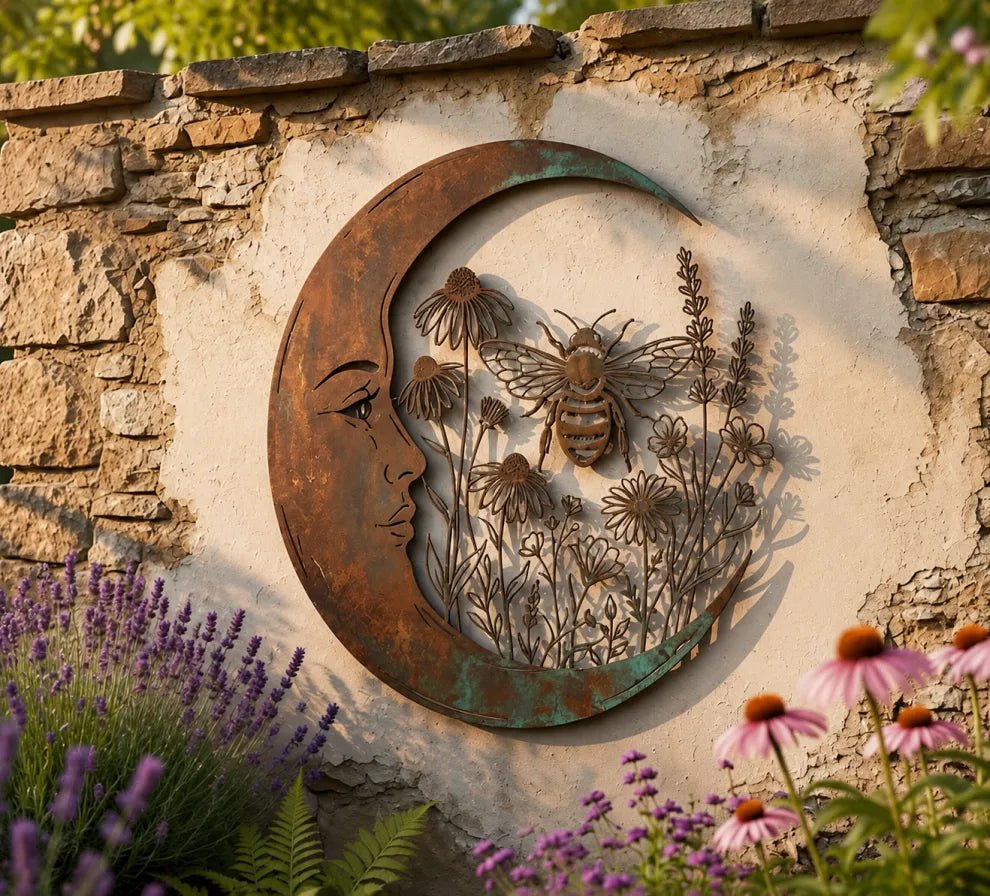 Rustic Moon Garden Metal Wall Art – Dragonfly, Bee, Fairy & Black Cat Outdoor Decor
