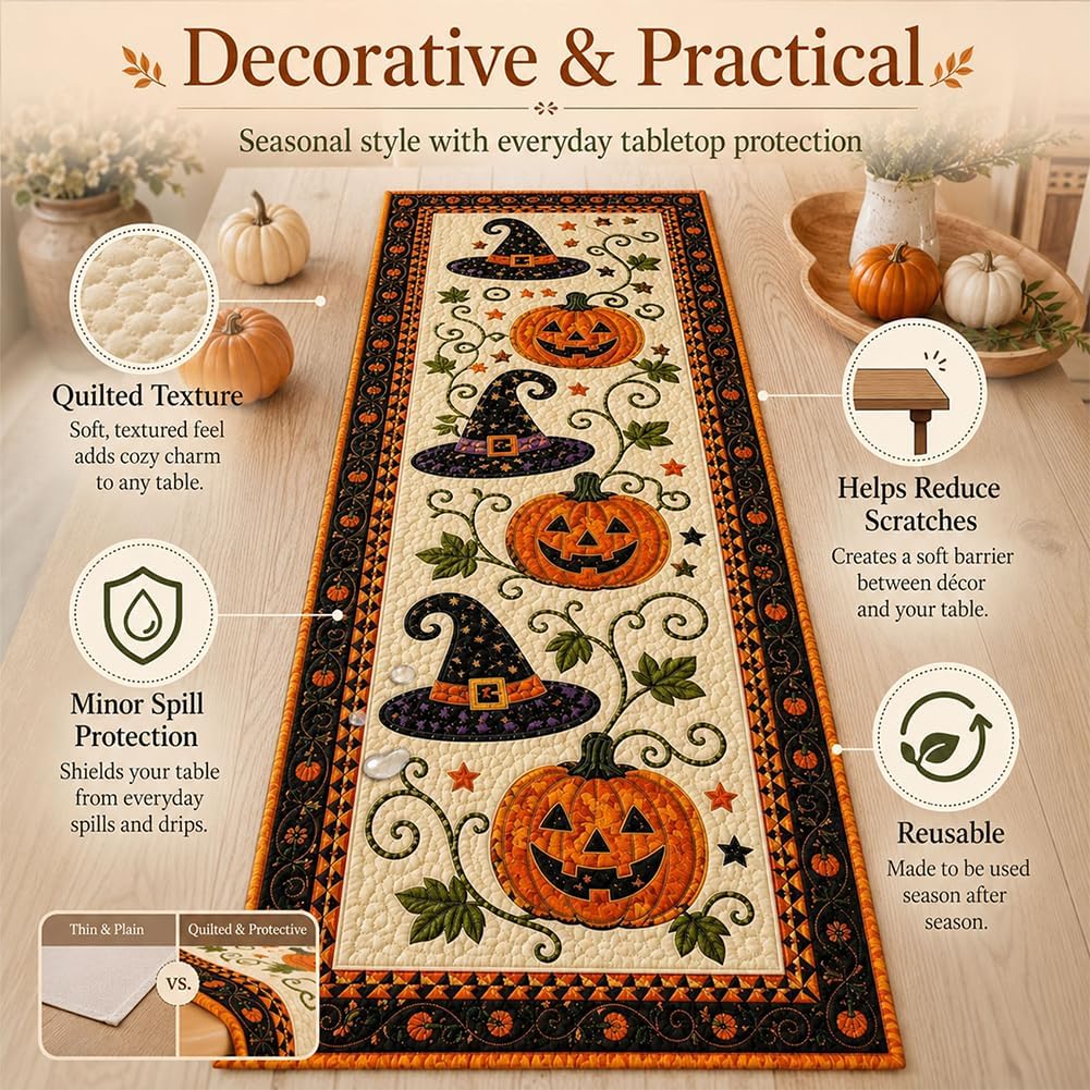 Reusable Autumn Pumpkin Quilted Table Runner – Farmhouse-Style Fall and Thanksgiving Table Decor