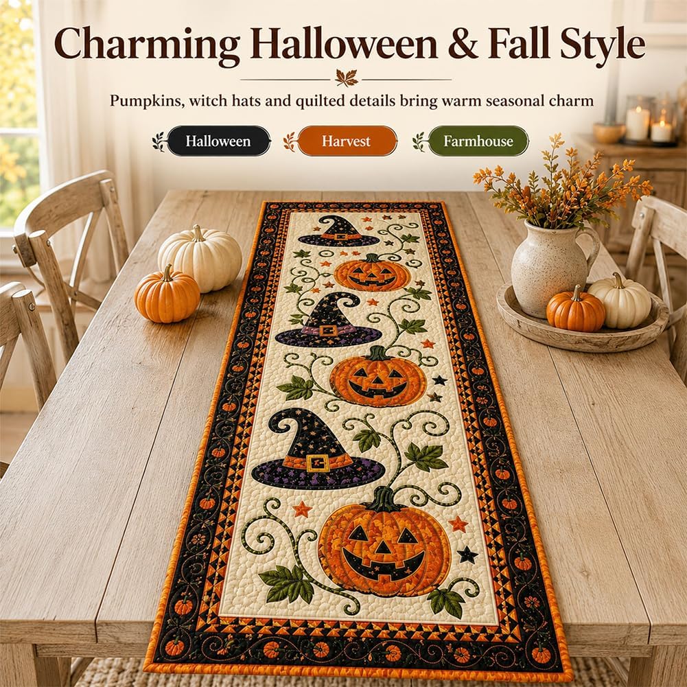 Reusable Autumn Pumpkin Quilted Table Runner – Farmhouse-Style Fall and Thanksgiving Table Decor