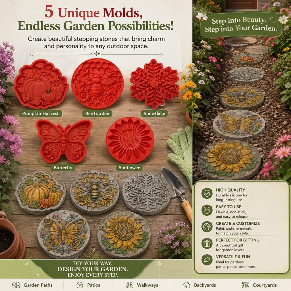 Reusable Round Halloween Stepping Stone Silicone Mold – DIY Garden Decor Featuring Witch's Cat, Skull, Pumpkin, and Ghost Designs