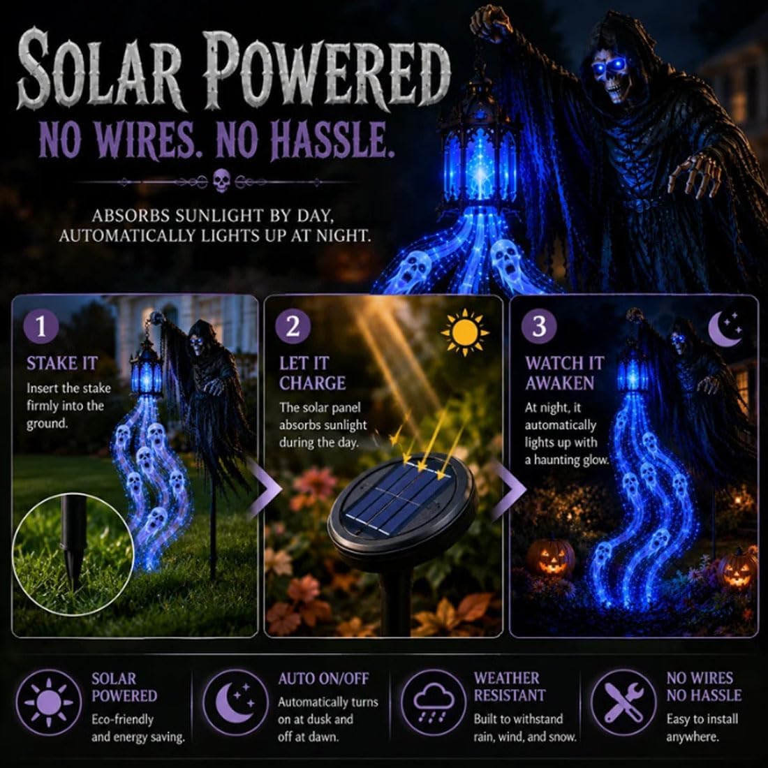Halloween Soul Harvester Solar Garden Light – Animated Flowing Ghost Reaper Yard Decor