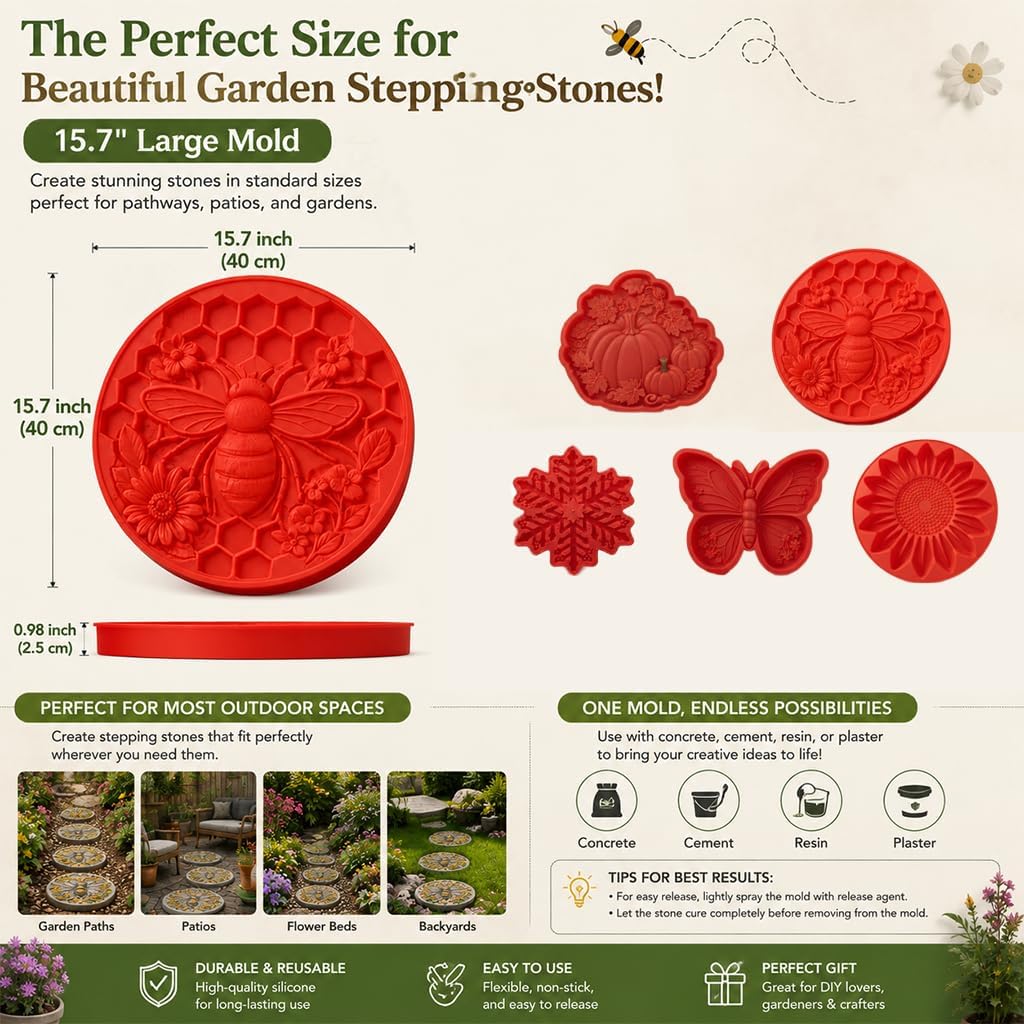 Reusable Round Halloween Stepping Stone Silicone Mold – DIY Garden Decor Featuring Witch's Cat, Skull, Pumpkin, and Ghost Designs