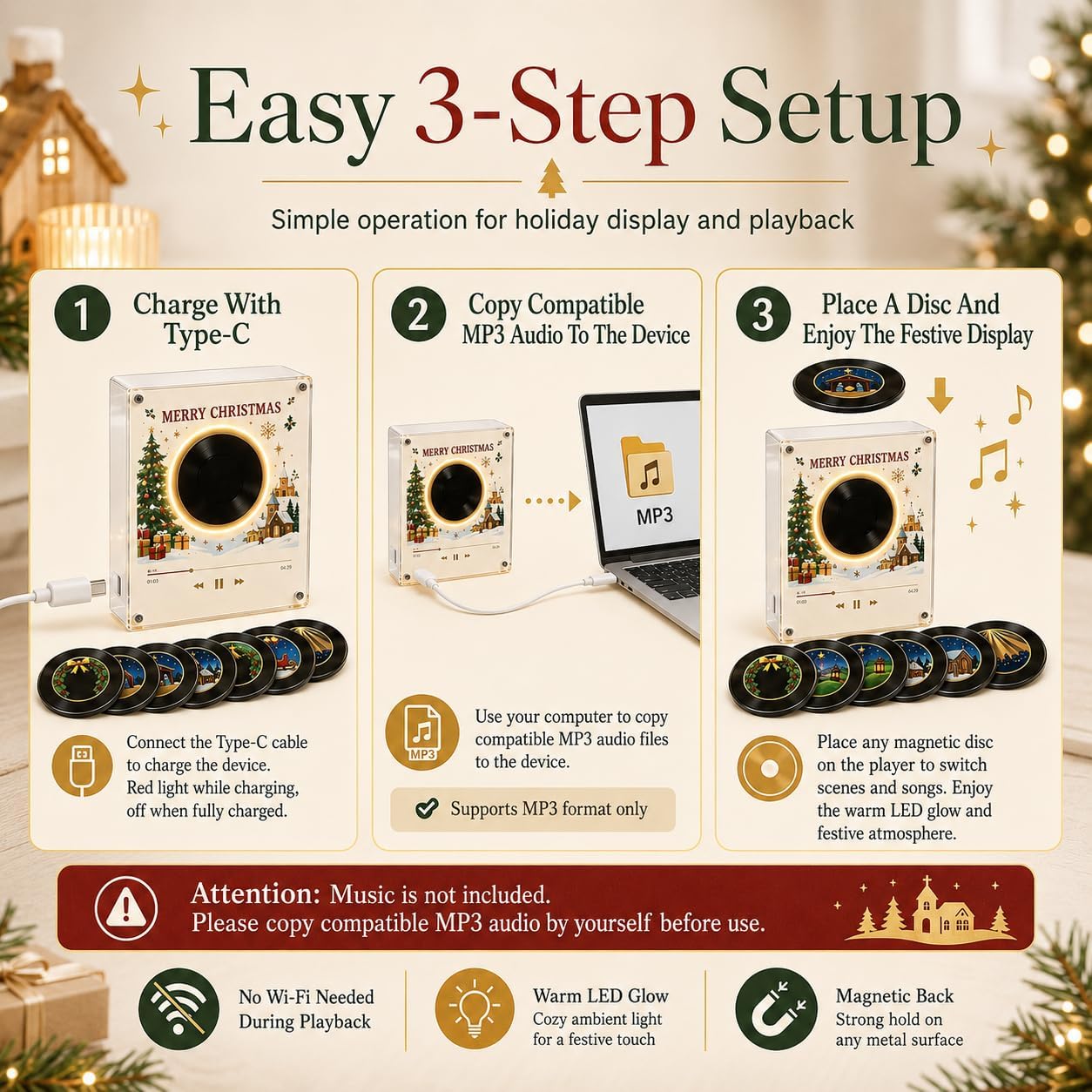 Christmas Magnetic Vinyl Music Player - 9 Mini Records Holiday Fridge Decor