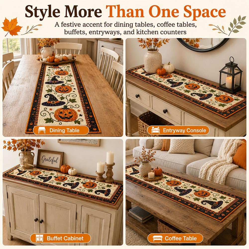 Reusable Autumn Pumpkin Quilted Table Runner – Farmhouse-Style Fall and Thanksgiving Table Decor