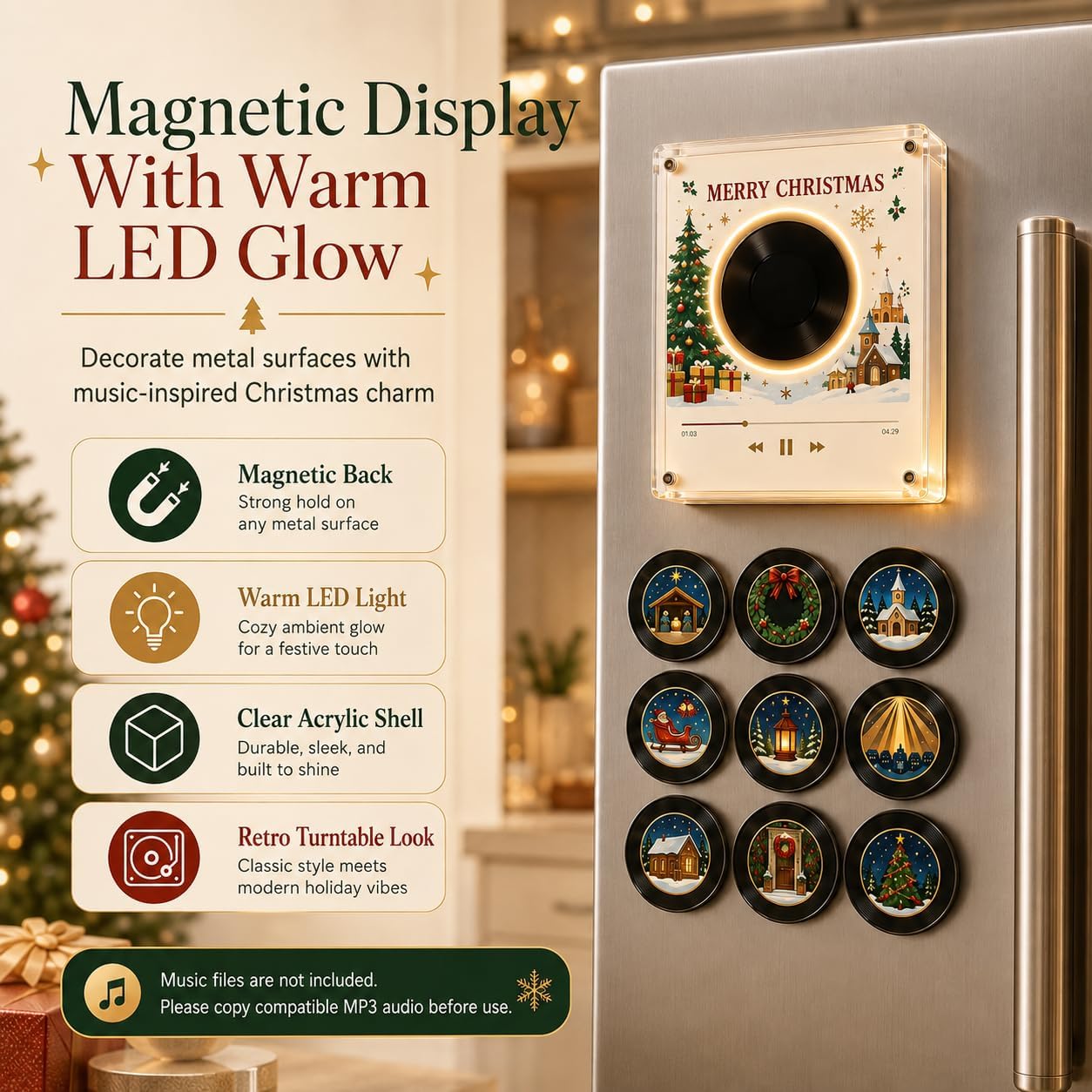 Christmas Magnetic Vinyl Music Player - 9 Mini Records Holiday Fridge Decor