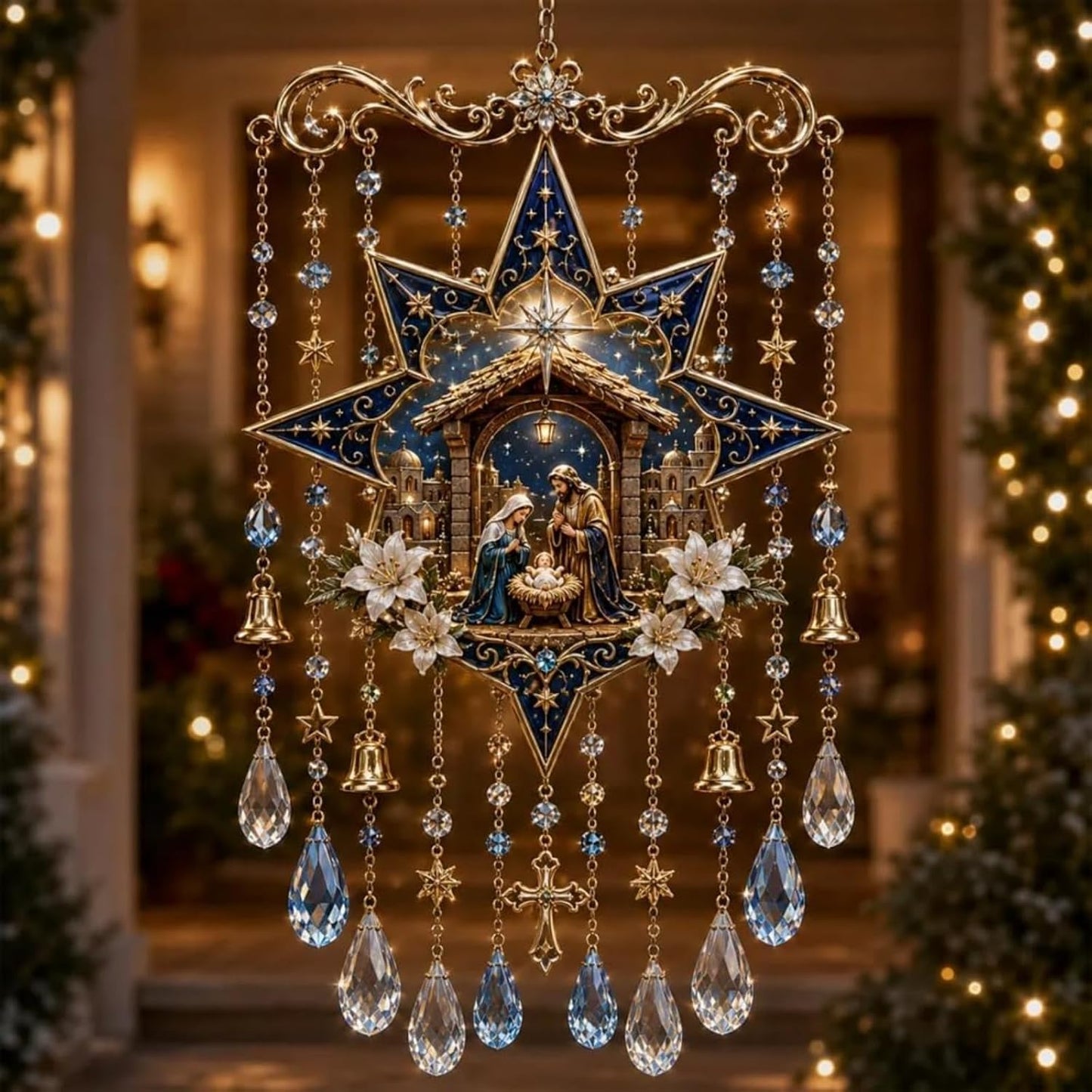 Christmas Nativity Star Crystal Wind Chime – Stained Glass-Inspired Holiday Hanging Decor