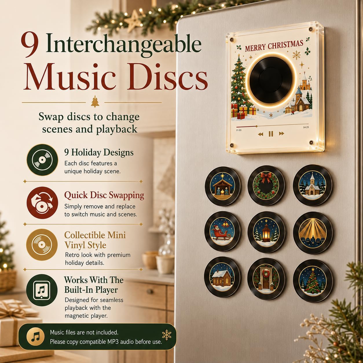 Christmas Magnetic Vinyl Music Player - 9 Mini Records Holiday Fridge Decor