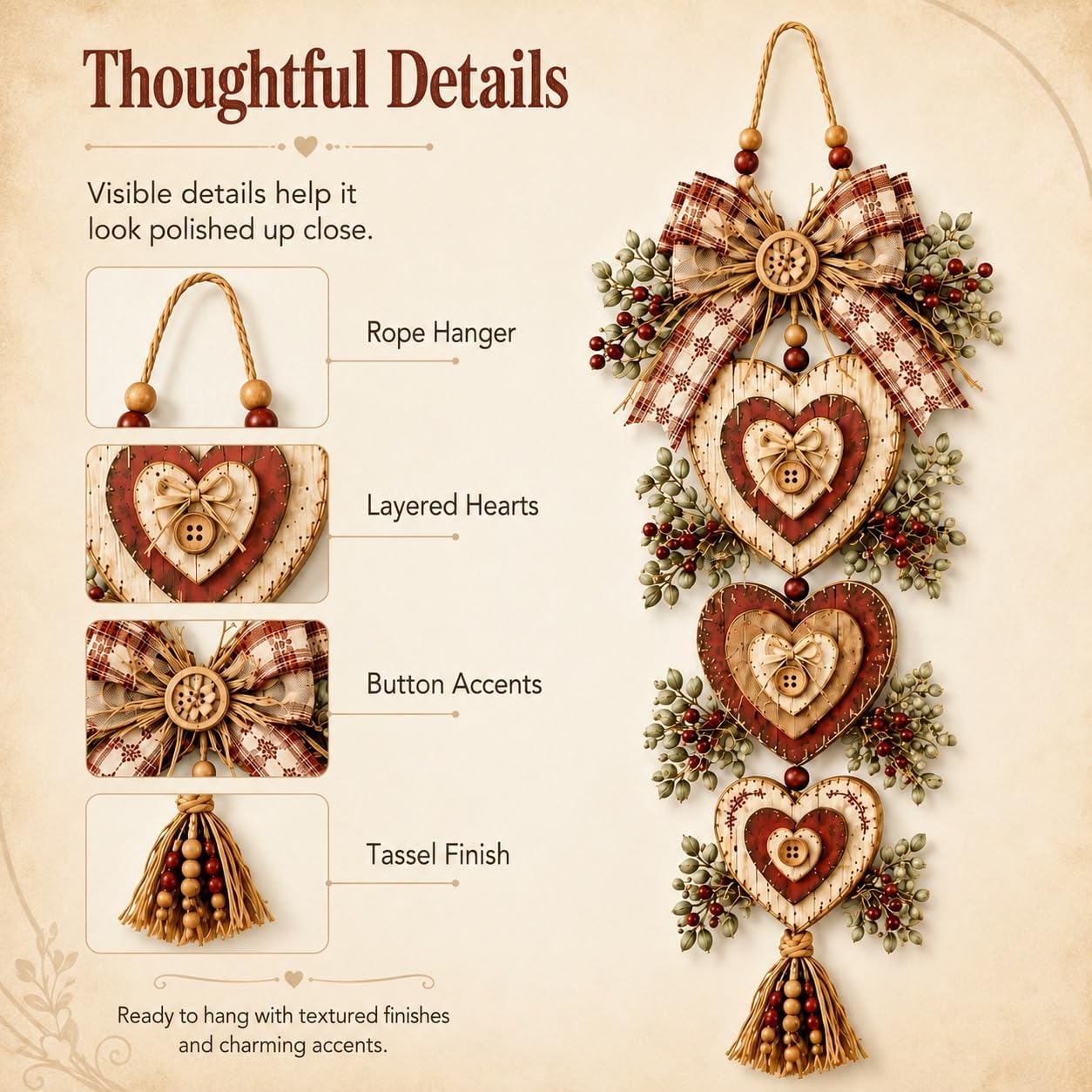 Lighted Rustic Heart Christmas Wall Hanging – Farmhouse Plaid Bow Door Decor