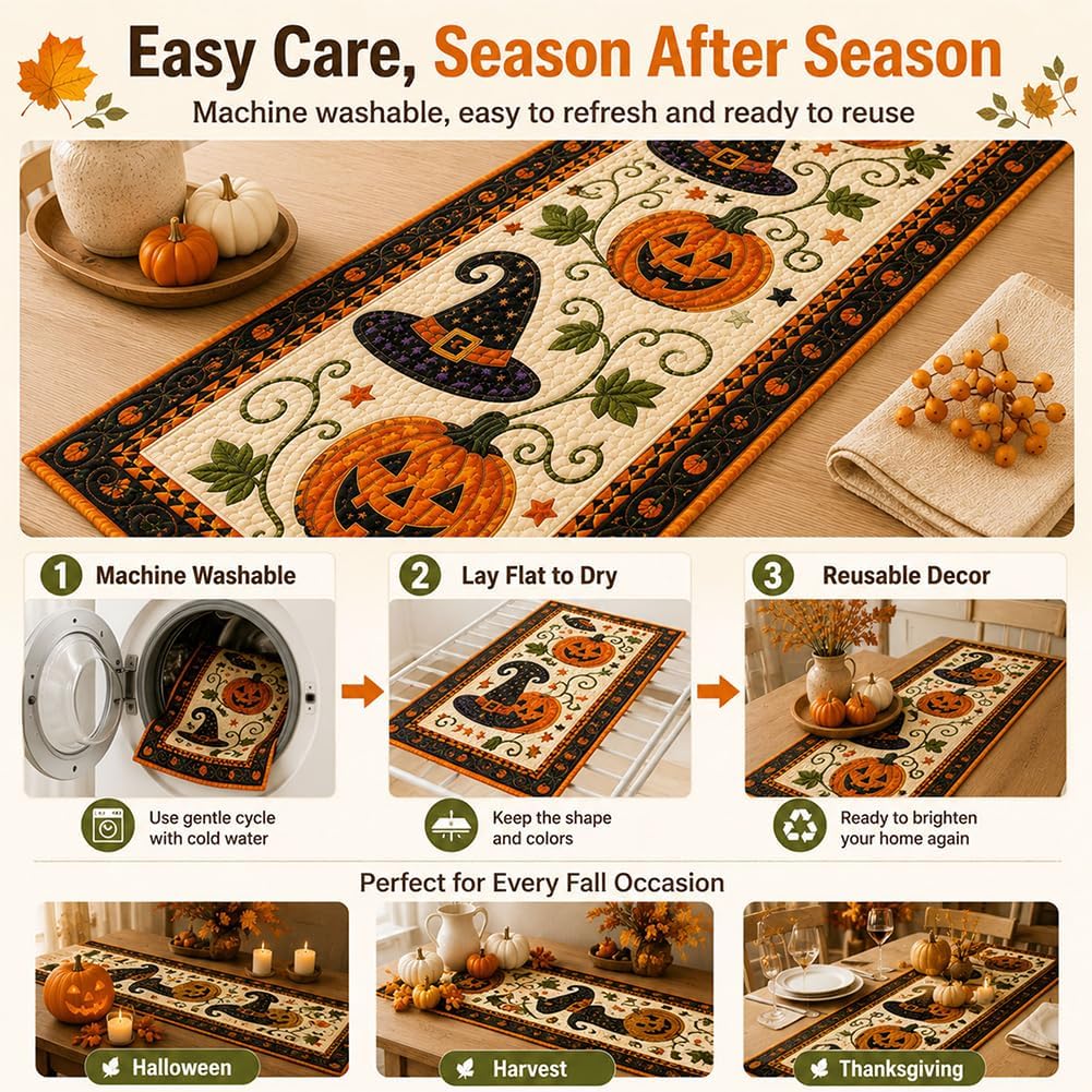 Reusable Autumn Pumpkin Quilted Table Runner – Farmhouse-Style Fall and Thanksgiving Table Decor