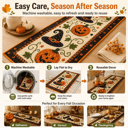 Reusable Autumn Pumpkin Quilted Table Runner – Farmhouse-Style Fall and Thanksgiving Table Decor