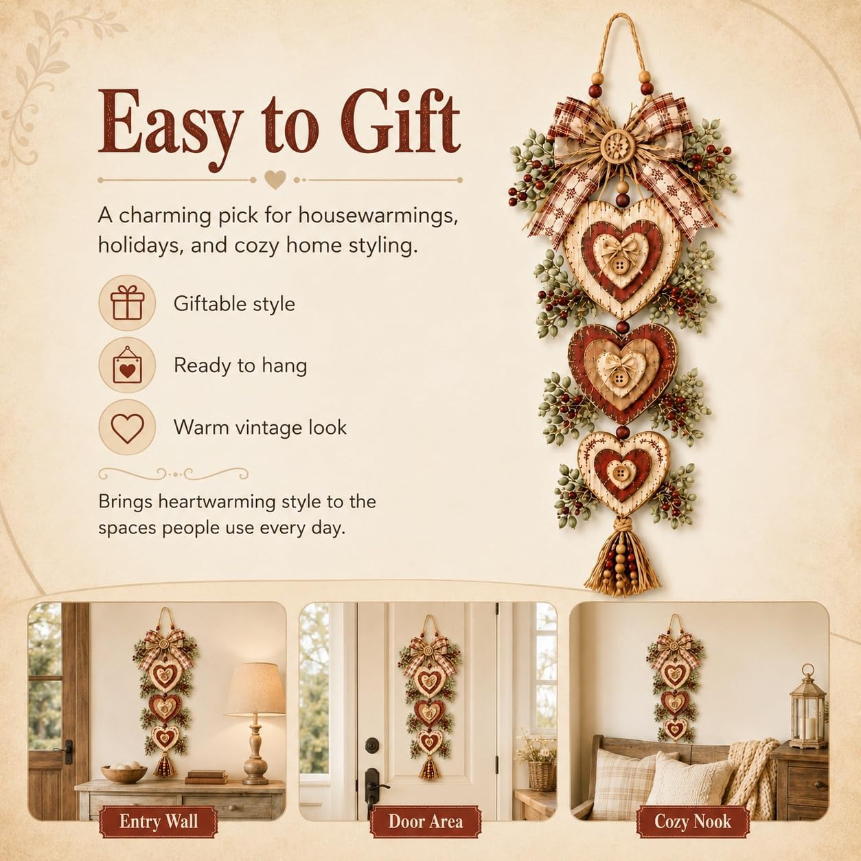 Lighted Rustic Heart Christmas Wall Hanging – Farmhouse Plaid Bow Door Decor