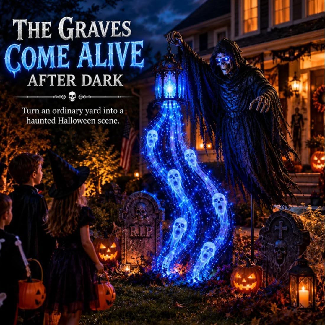 Halloween Soul Harvester Solar Garden Light – Animated Flowing Ghost Reaper Yard Decor
