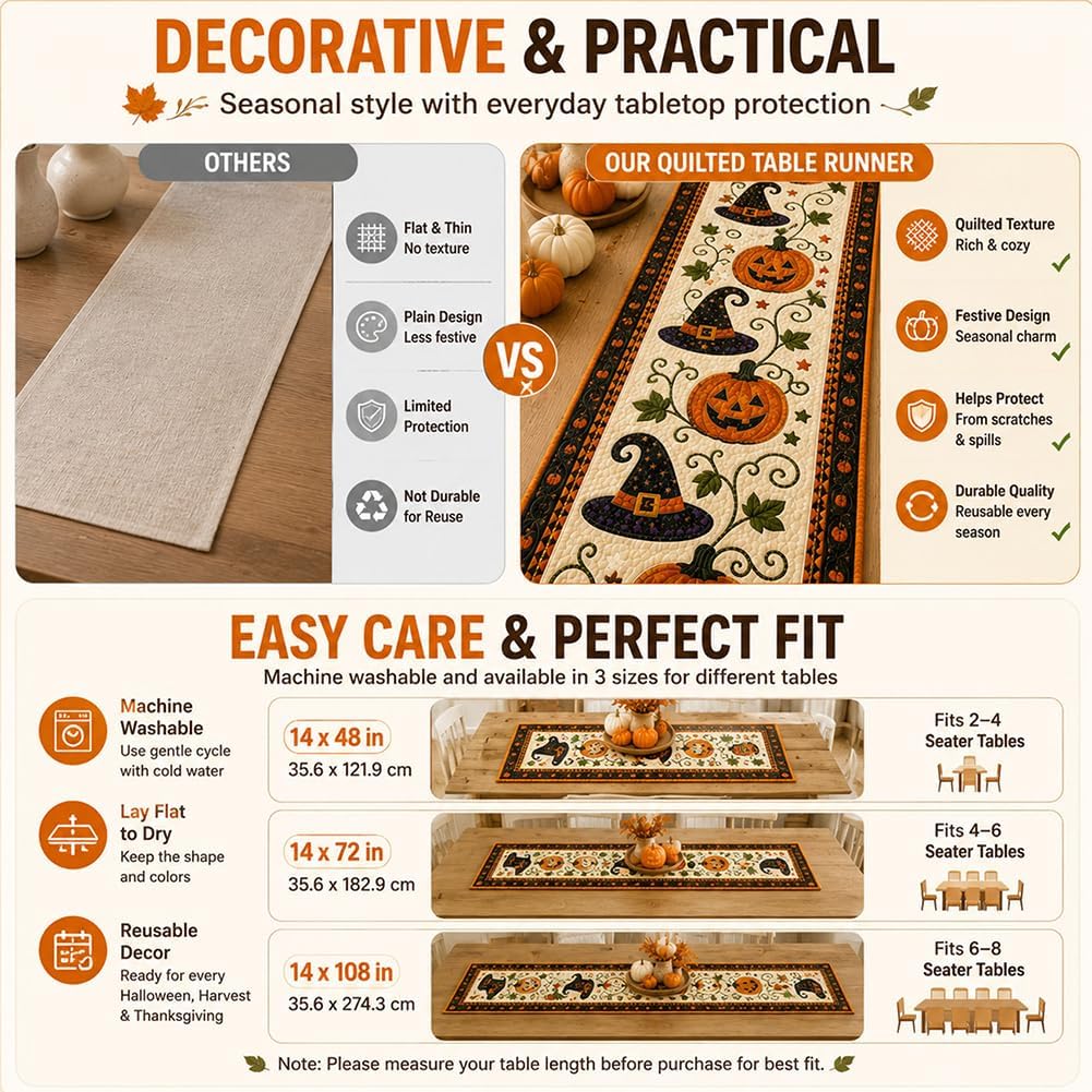 Reusable Autumn Pumpkin Quilted Table Runner – Farmhouse-Style Fall and Thanksgiving Table Decor