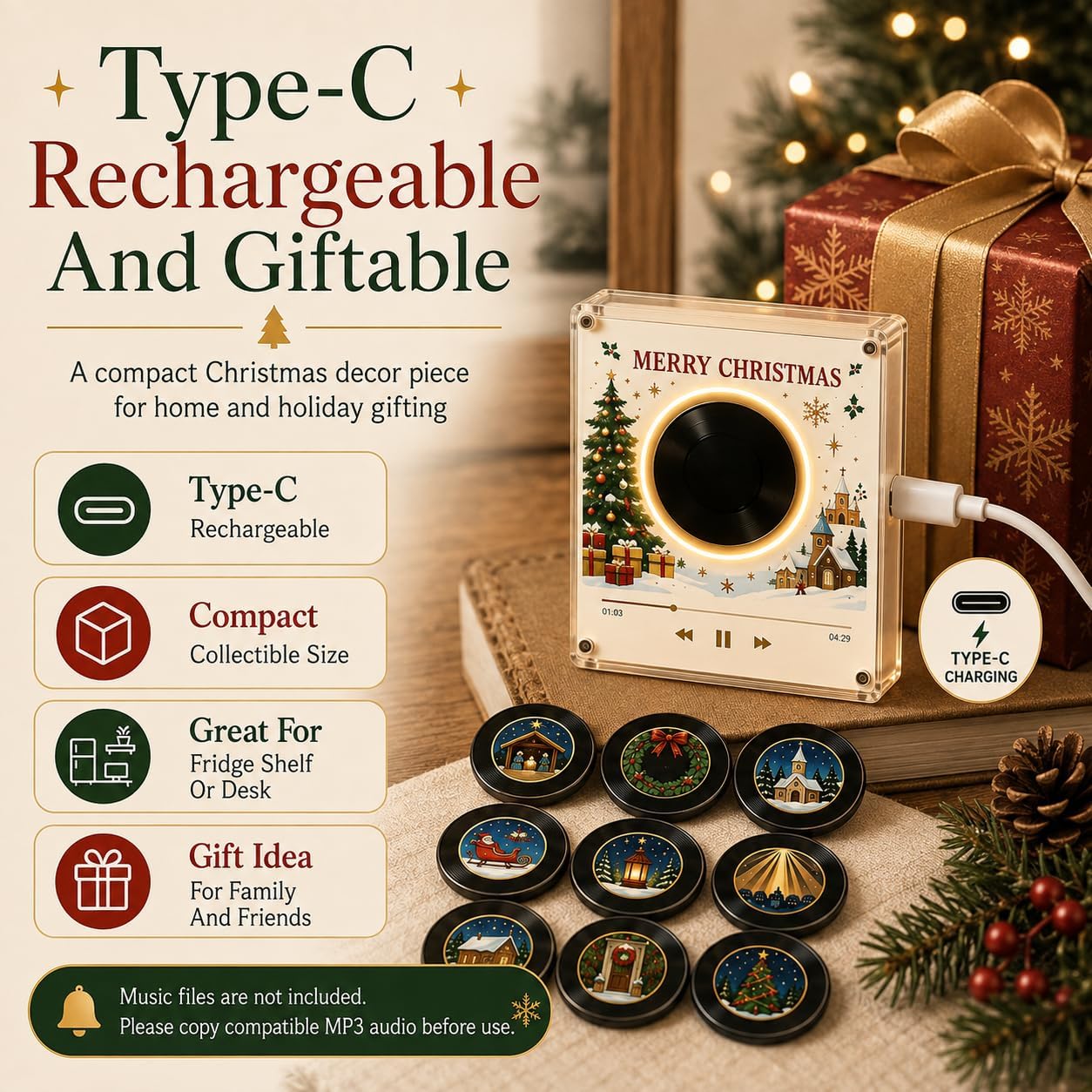 Christmas Magnetic Vinyl Music Player - 9 Mini Records Holiday Fridge Decor
