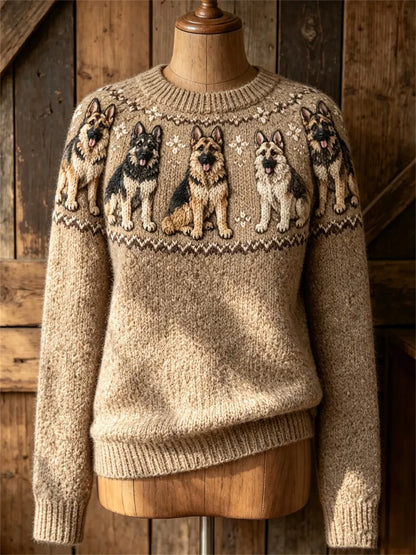 Women's Vintage German Shepherd Dogs Yoke Isle Print Cozy crew neck sweater