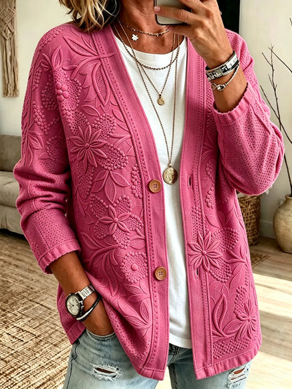 Women's Retro Pink Floral Print Casual Cardigan