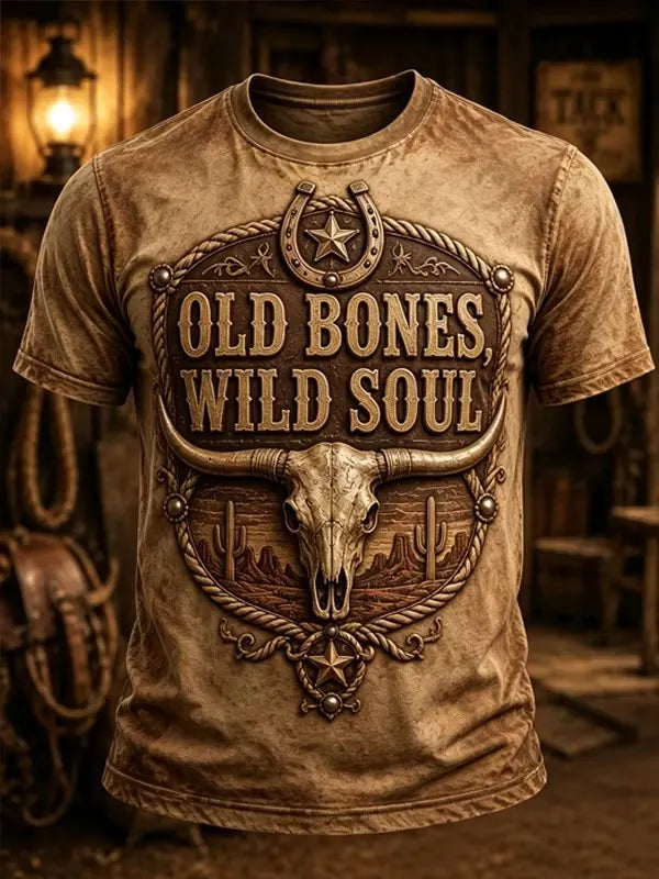 Men's Vintage Western Style Print Crew Neck T-Shirt