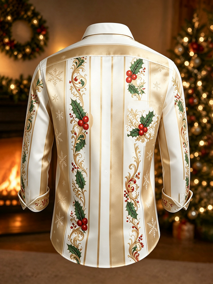 Moisture-Wicking Christmas-Themed Striped Trim and Chest Pocket  Long-Sleeve Casual Shirt