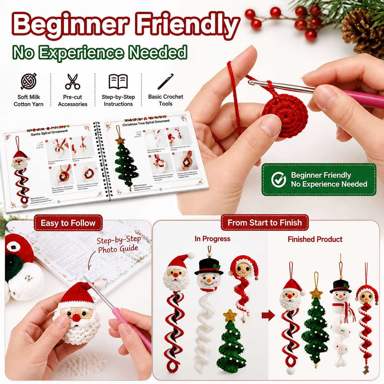 DIY Crochet Spiral Christmas Ornament Kit – 4 Beginner-Friendly Santa, Tree, Elf & Snowman Decorations