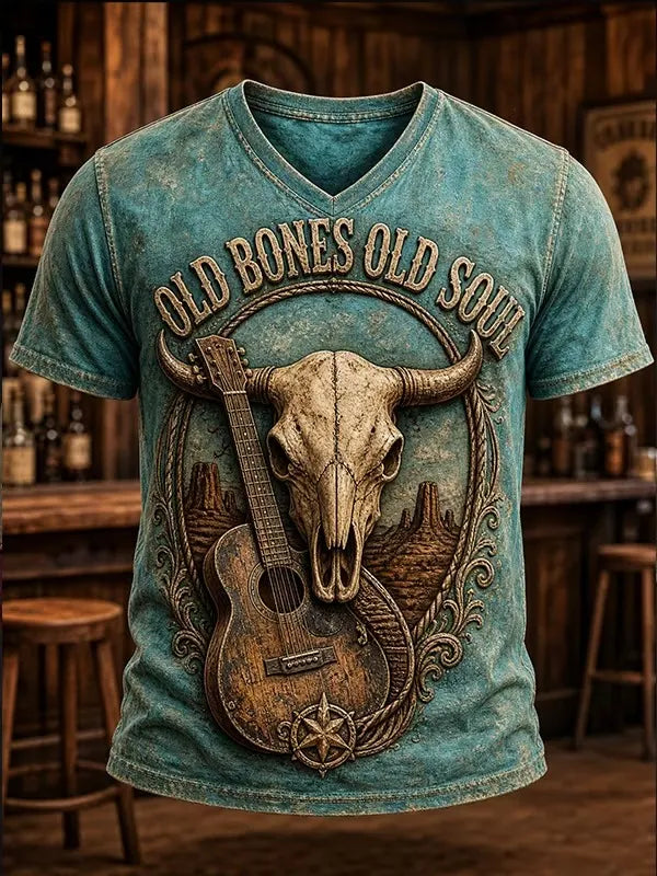 Men's Vintage Western Bull Skull With Acoustic Guitar Print V-Neck T-shirt