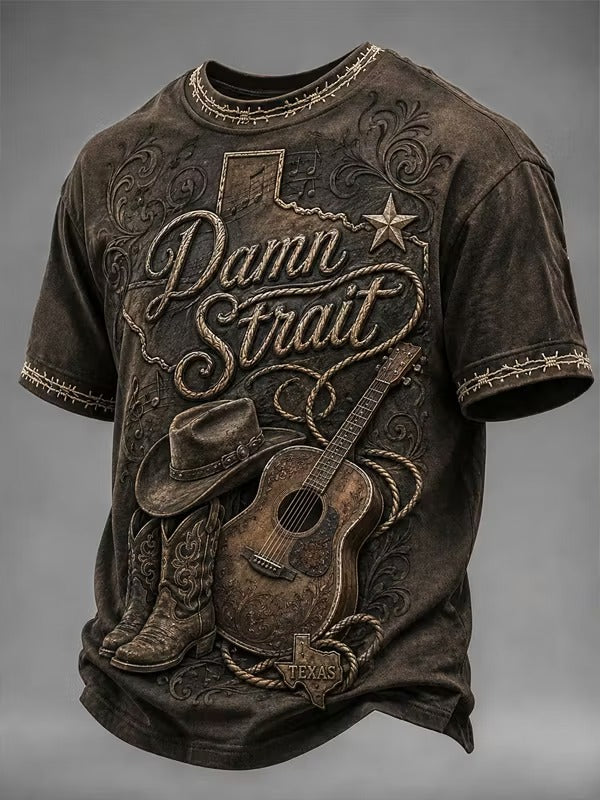 Men's Vintage Western Style Guitar Boots Print Crew Neck T-Shirt