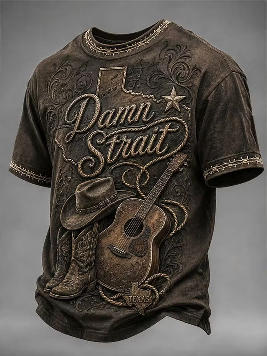 Men's Vintage Western Style Guitar Boots Print Crew Neck T-Shirt