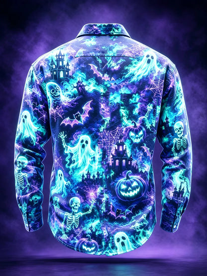 Moisture-Wicking Halloween Castle Pumpkin Ghost Bat Chest Pocket Long-Sleeve Casual Shirt