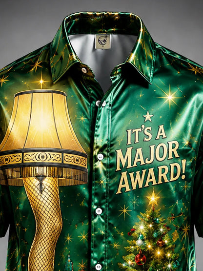 Breathable Silk Satin Christmas Leg Lamp Chest Pocket Hawaiian Shirt
