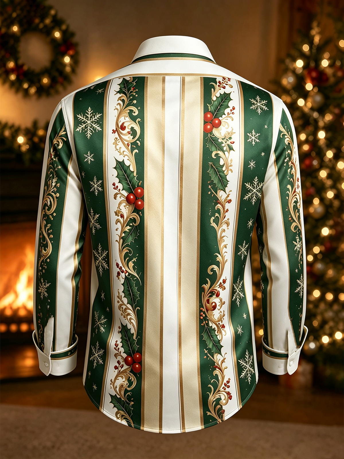 Moisture-Wicking Christmas-Themed Striped Trim and Chest Pocket  Long-Sleeve Casual Shirt