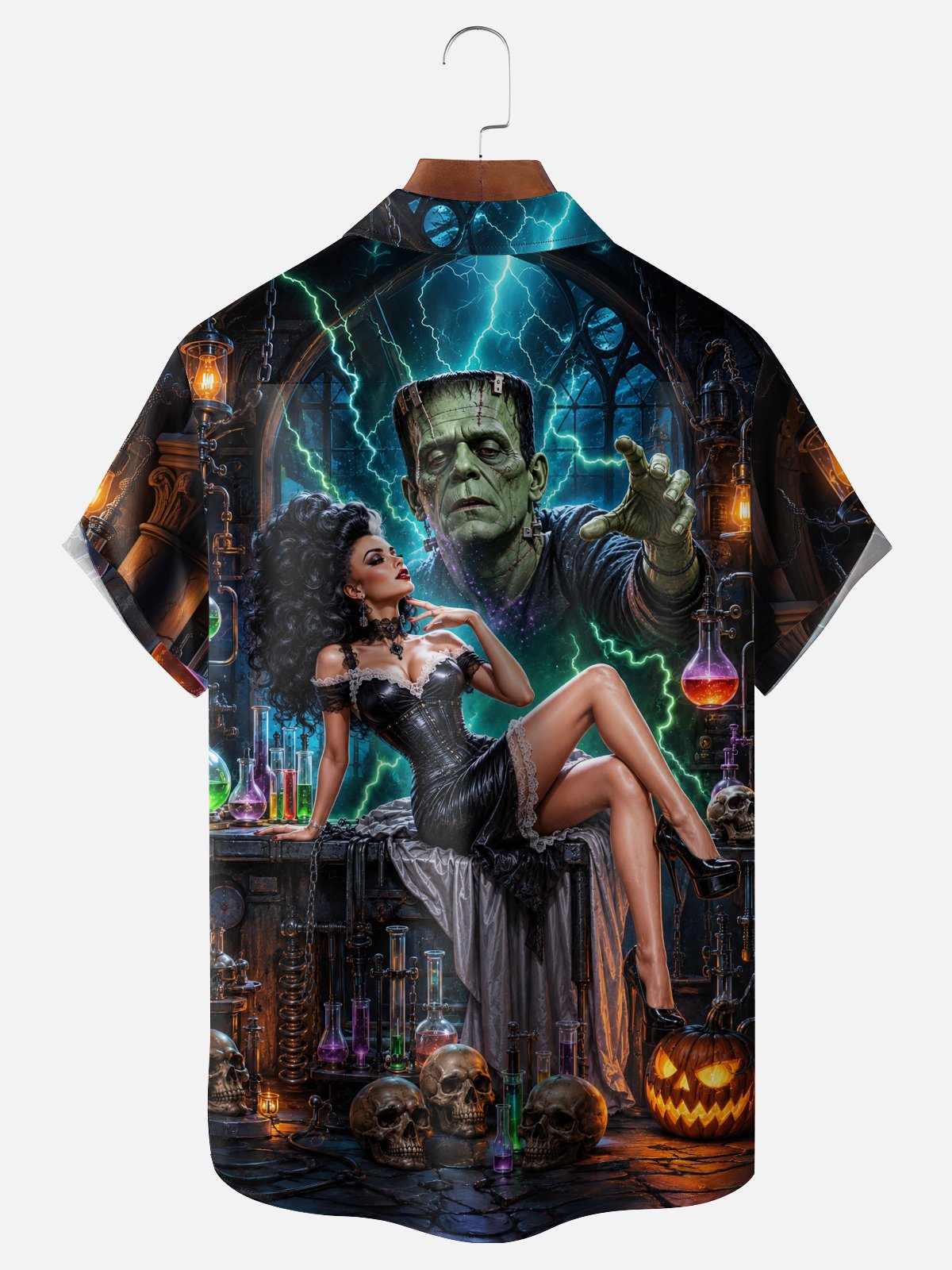 Moisture-Wicking Halloween Pumpkin Skull Frankenstein's Bride Print  Chest Pocket  Hawaiian Shirt