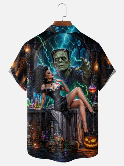 Moisture-Wicking Halloween Pumpkin Skull Frankenstein's Bride Print  Chest Pocket  Hawaiian Shirt