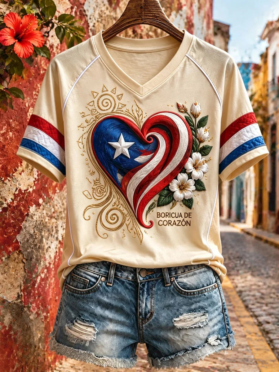 Women's Puerto Rico Floral Boricua Art Printed T-shirt