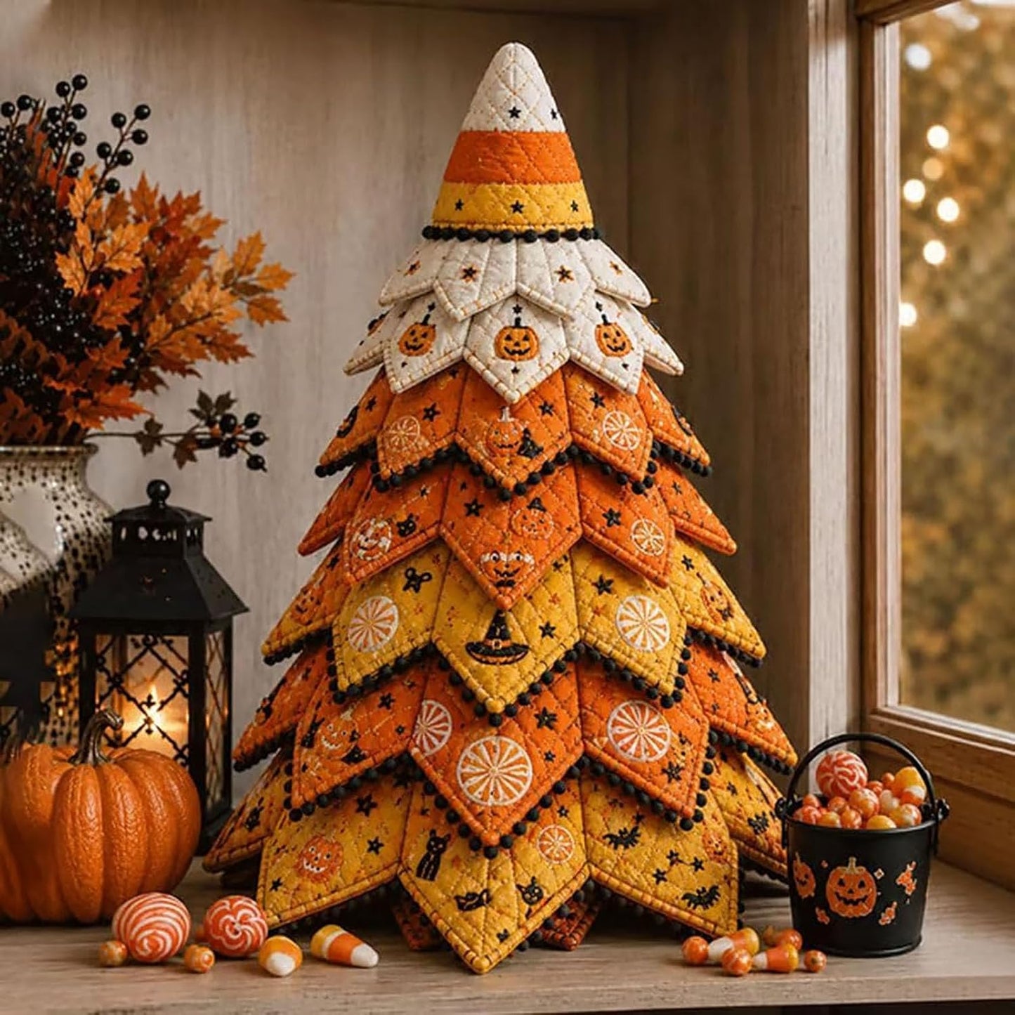 DIY Gothic Halloween Quilted Fabric Tree Kit – Layered Rose & Skull Tabletop Decoration