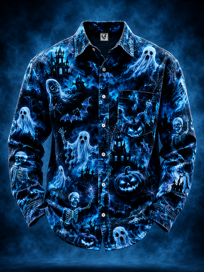 Moisture-Wicking Halloween Castle Pumpkin Ghost Bat Chest Pocket Long-Sleeve Casual Shirt
