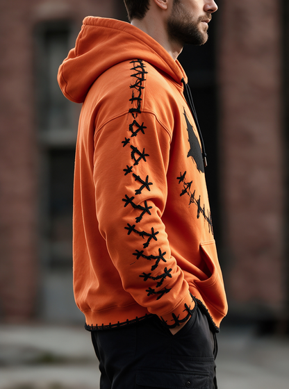 Halloween Stitched Pumpkin Face Cross‑Stitch Gothic Kangaroo-Pocket Hoodie Sweatshirt