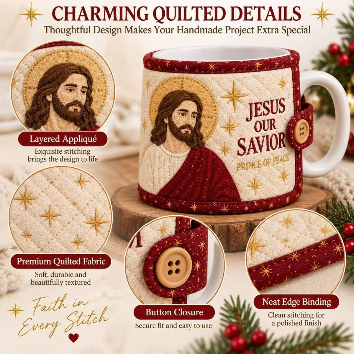 Christian Quilted Mug Cozy DIY Kit – Faith-Inspired Christmas Sewing Gift