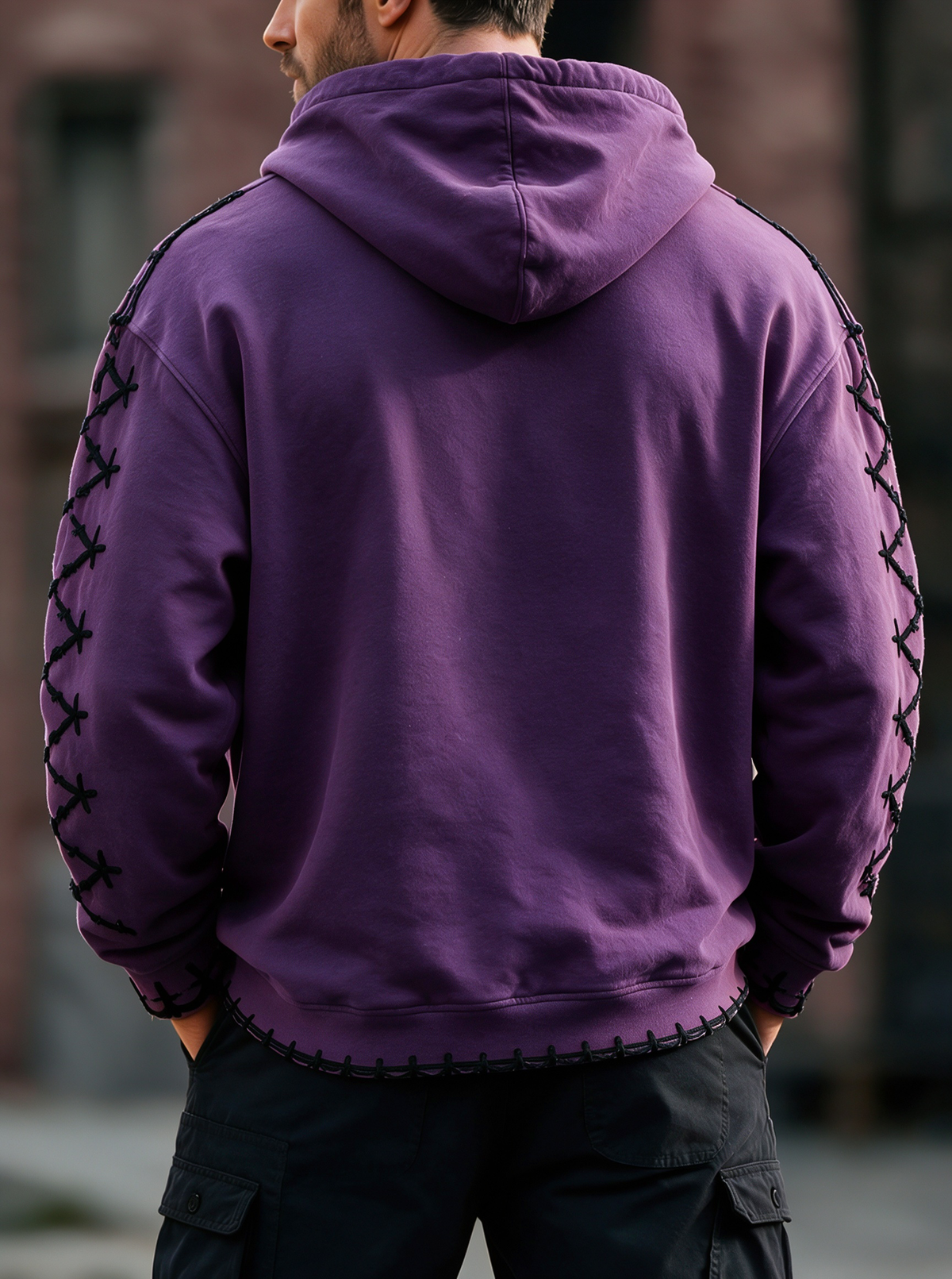 Halloween Stitched Pumpkin Face Cross‑Stitch Gothic Kangaroo-Pocket Hoodie Sweatshirt