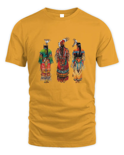 Native American Dancers Shirt | Indigenous Powwow Regalia T-Shirt | Tribal Pride Cultural Graphic Tee | First Nations Heritage Gift - Unisex Standard T-Shirt - gold - front
