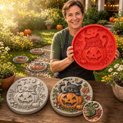 Reusable Round Halloween Stepping Stone Silicone Mold – DIY Garden Decor Featuring Witch's Cat, Skull, Pumpkin, and Ghost Designs