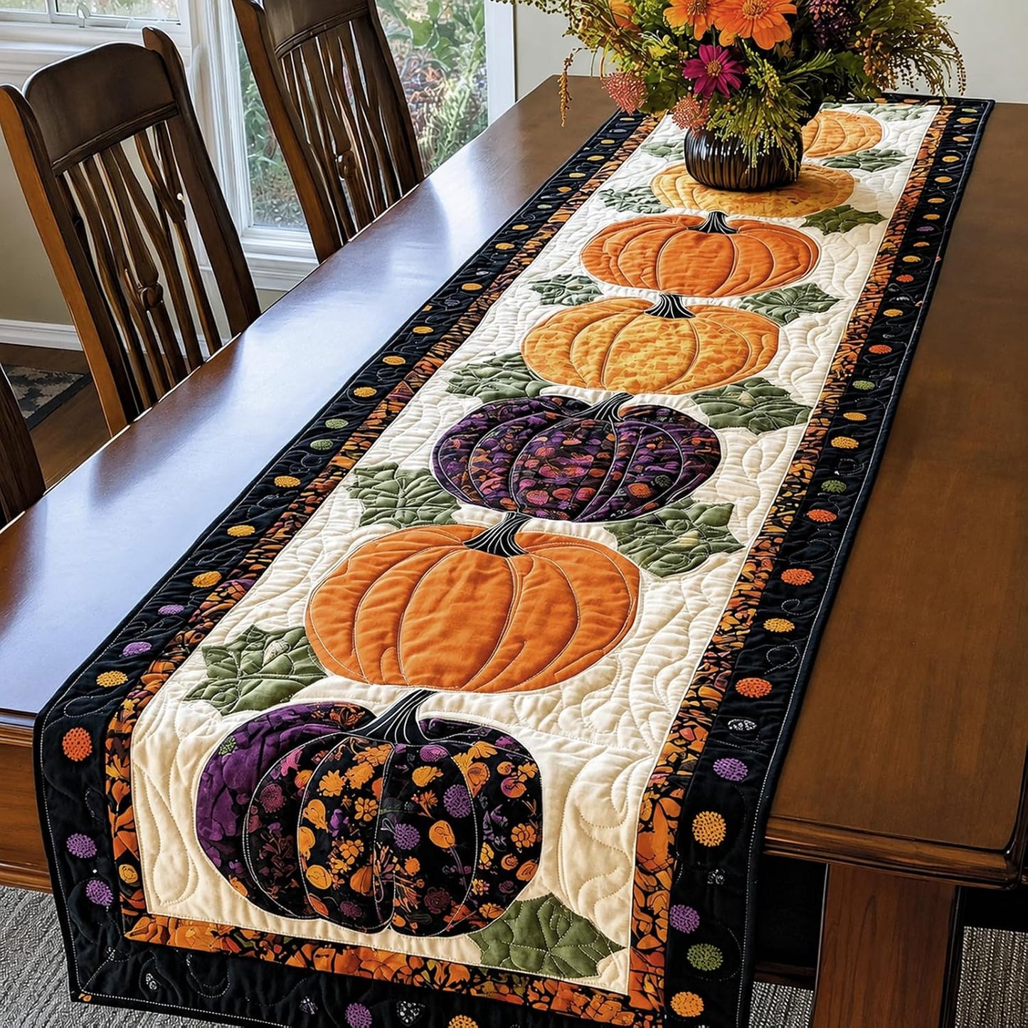Reusable Autumn Pumpkin Quilted Table Runner – Farmhouse-Style Fall and Thanksgiving Table Decor