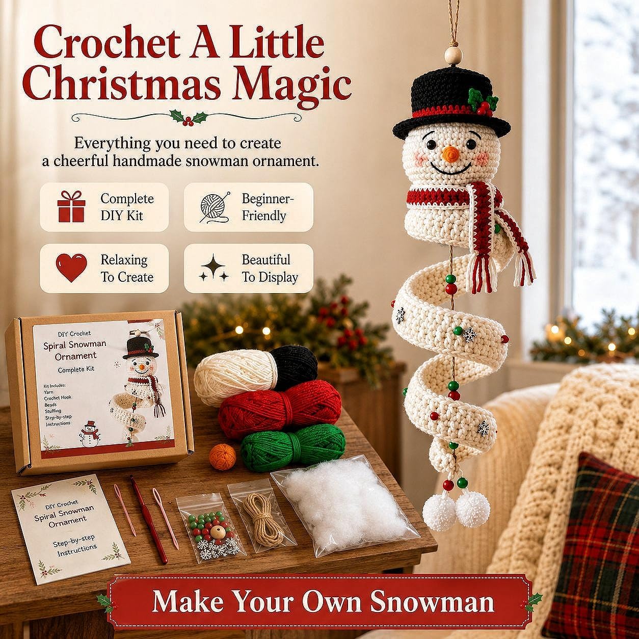 DIY Crochet Spiral Christmas Ornament Kit – 4 Beginner-Friendly Santa, Tree, Elf & Snowman Decorations
