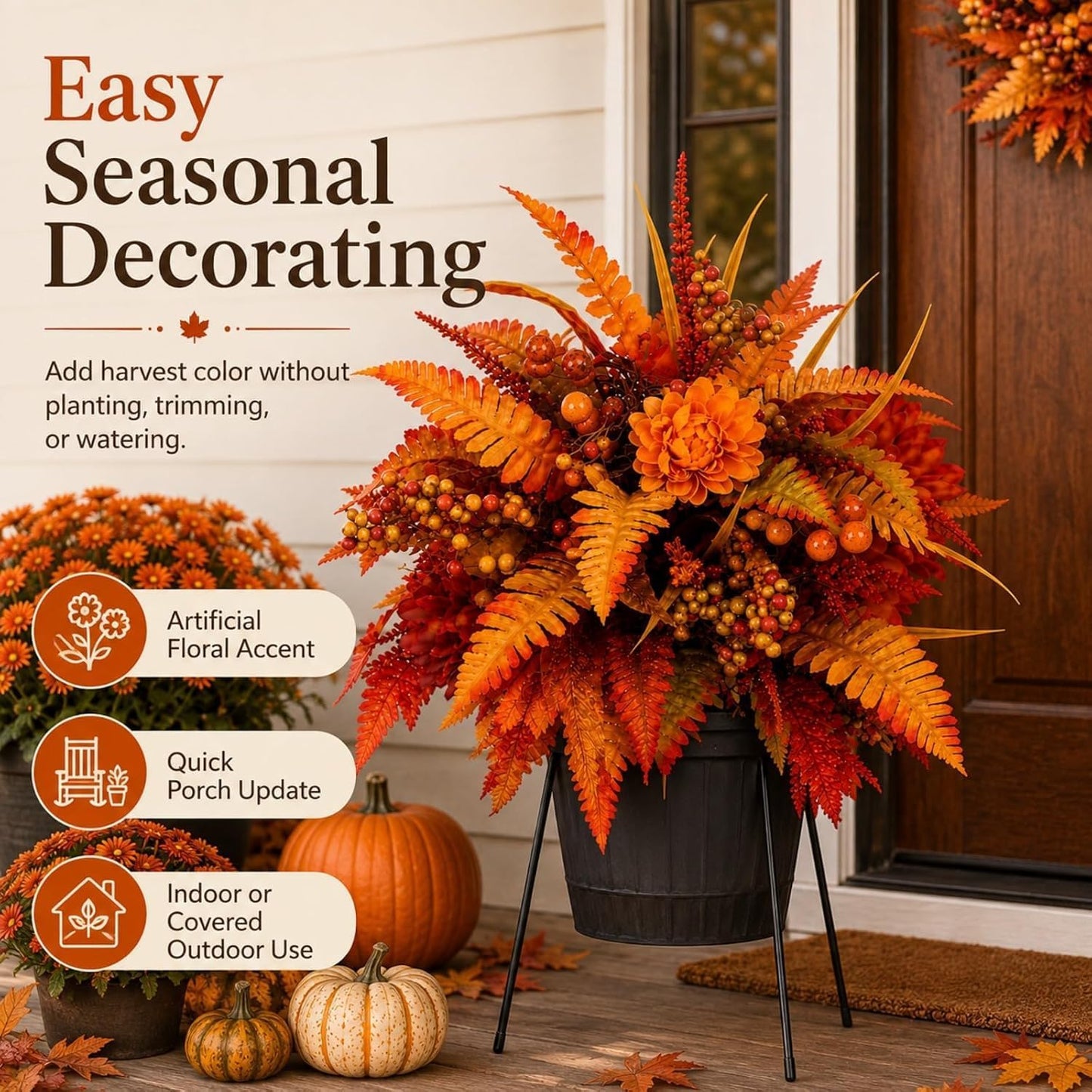 Autumn Thanksgiving Floral Wreath – Artificial Fall Harvest Wreath for Front Door, Porch & Thanksgiving Decor