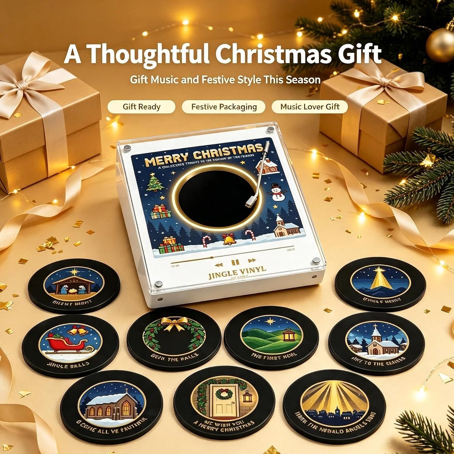 Christmas Magnetic Vinyl Music Player - 9 Mini Records Holiday Fridge Decor